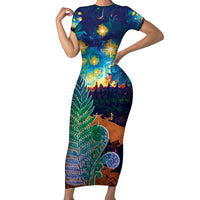 Personalised New Zealand Matariki Art Star Family Matching Short Sleeve Bodycon Dress and Hawaiian Shirt Koru Fern Night Starry Sky LT9 Mom's Dress Black - Polynesian Pride