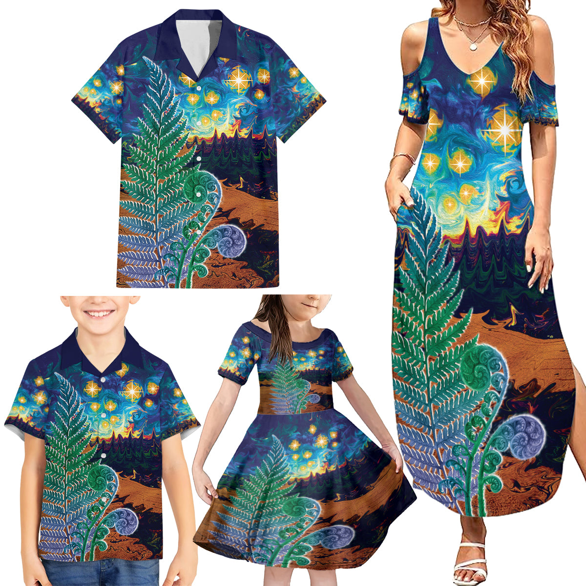 Personalised New Zealand Matariki Art Star Family Matching Summer Maxi Dress and Hawaiian Shirt Koru Fern Night Starry Sky LT9 - Polynesian Pride