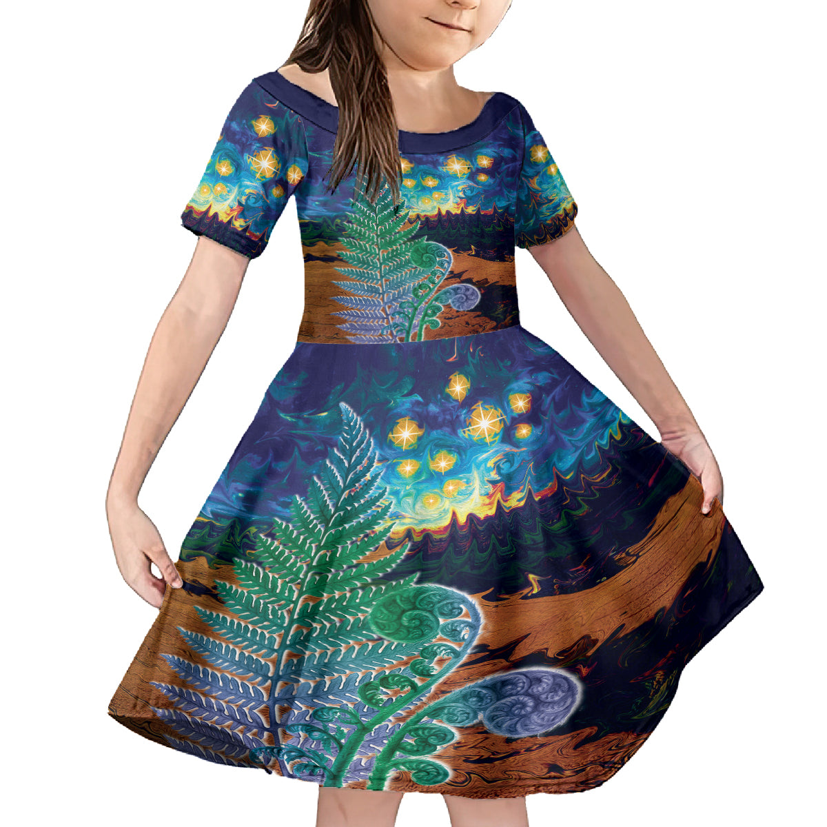 Personalised New Zealand Matariki Art Star Kid Short Sleeve Dress Koru Fern Night Starry Sky LT9 KID Black - Polynesian Pride