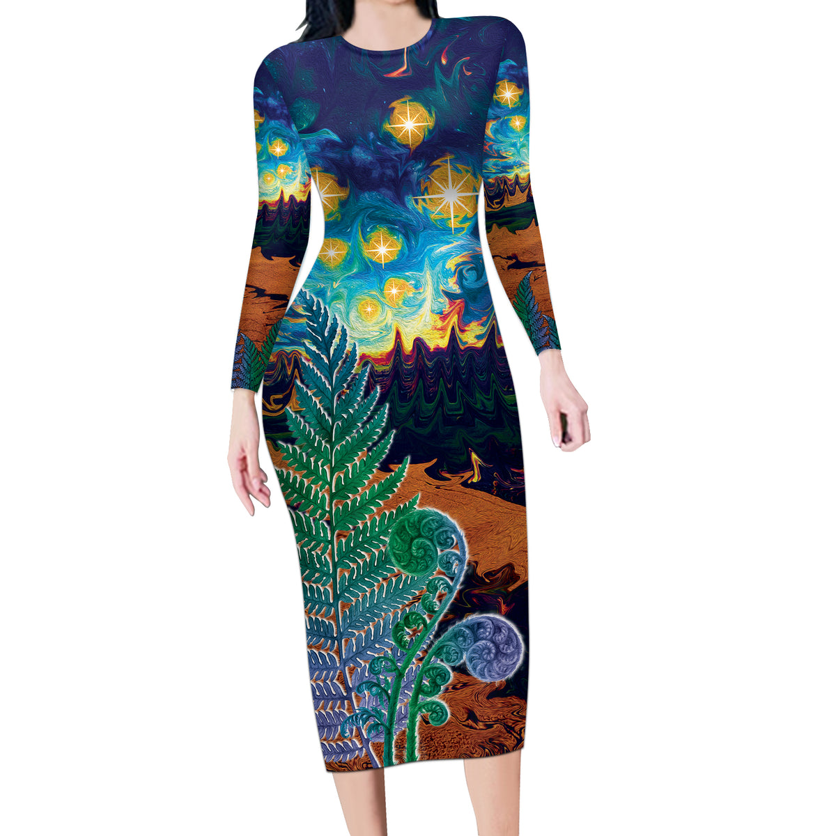 Personalised New Zealand Matariki Art Star Long Sleeve Bodycon Dress Koru Fern Night Starry Sky LT9 Long Dress Black - Polynesian Pride