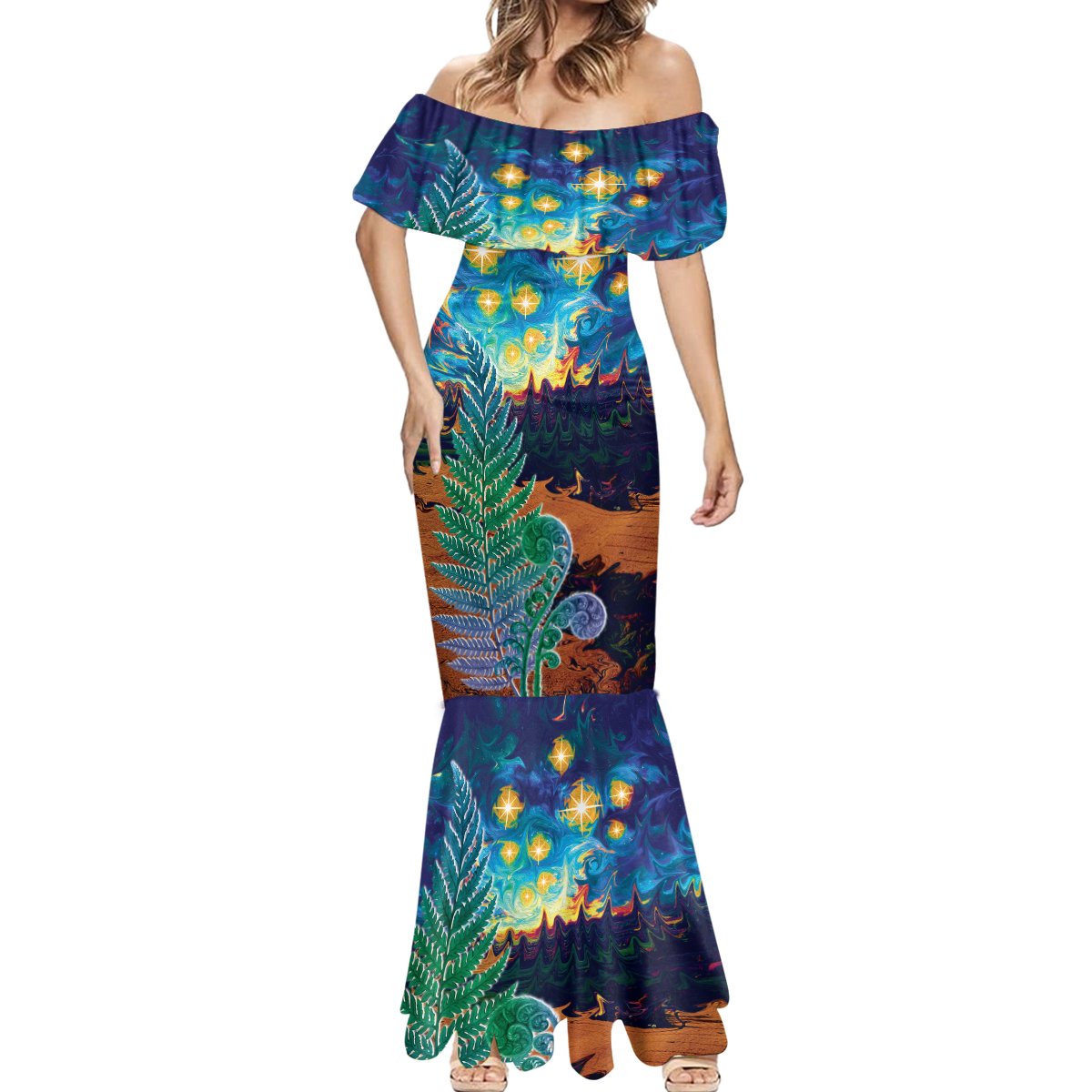 Personalised New Zealand Matariki Art Star Mermaid Dress Koru Fern Night Starry Sky LT9 - Polynesian Pride
