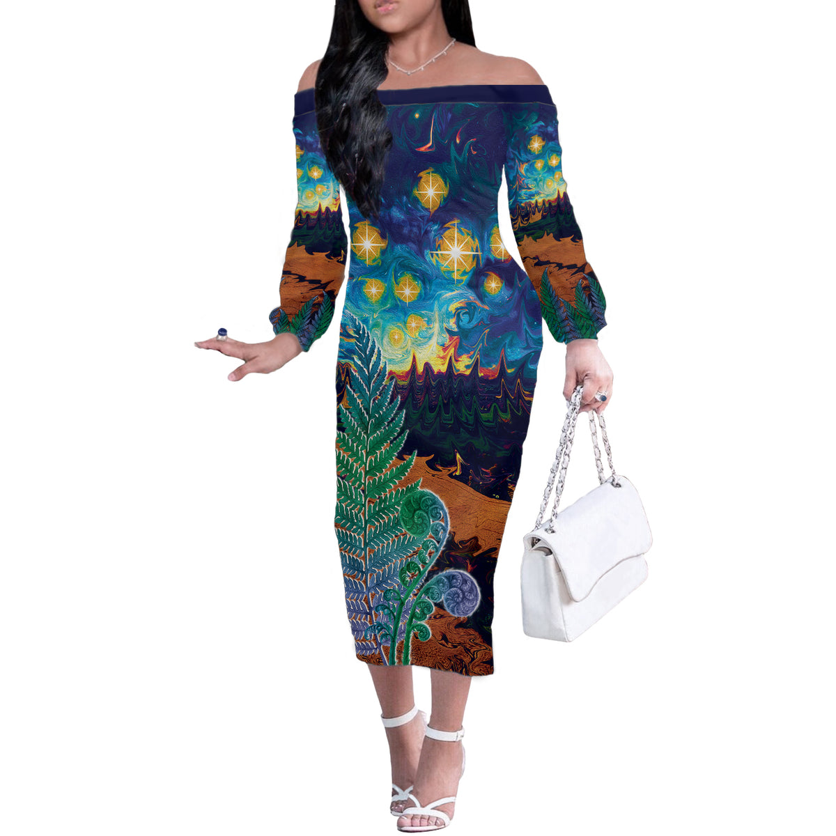Personalised New Zealand Matariki Art Star Off The Shoulder Long Sleeve Dress Koru Fern Night Starry Sky LT9 Women Black - Polynesian Pride