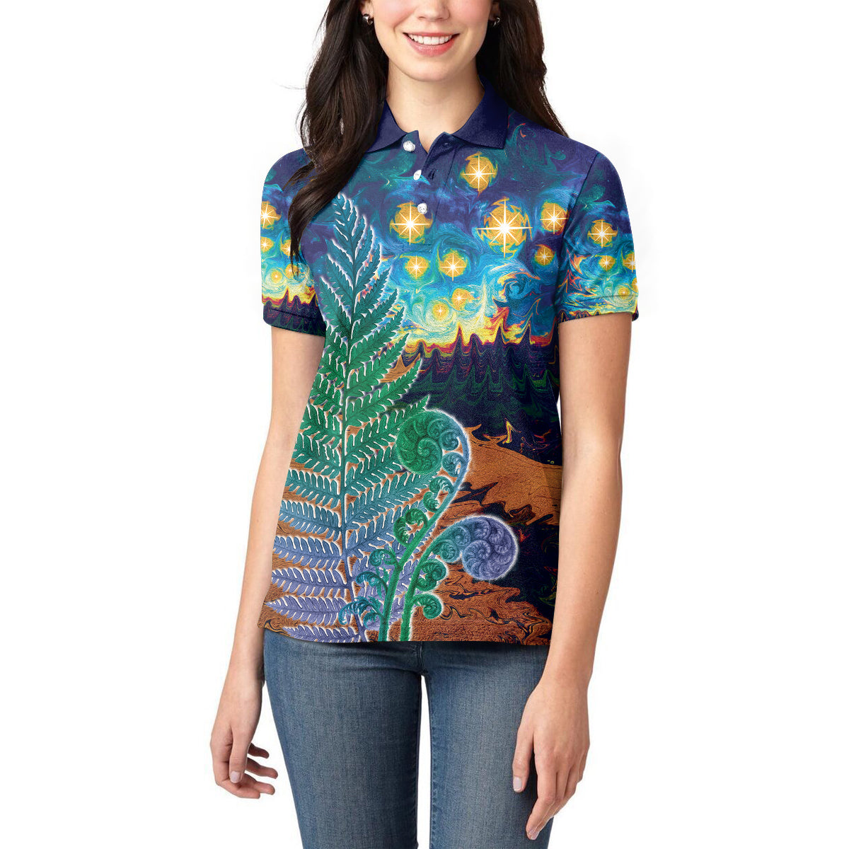 Personalised New Zealand Matariki Art Star Women Polo Shirt Koru Fern Night Starry Sky LT9 - Polynesian Pride