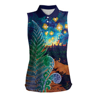 Personalised New Zealand Matariki Art Star Women Sleeveless Polo Shirt Koru Fern Night Starry Sky LT9 Female Black - Polynesian Pride