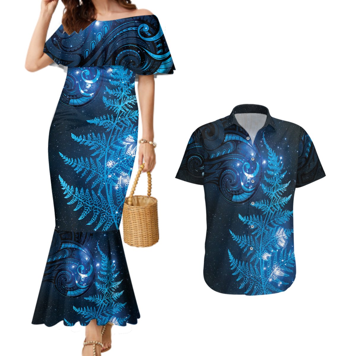 New Zealand Matariki Couples Matching Mermaid Dress and Hawaiian Shirt Blue Milky Way Stars Night Sky LT9 Blue - Polynesian Pride