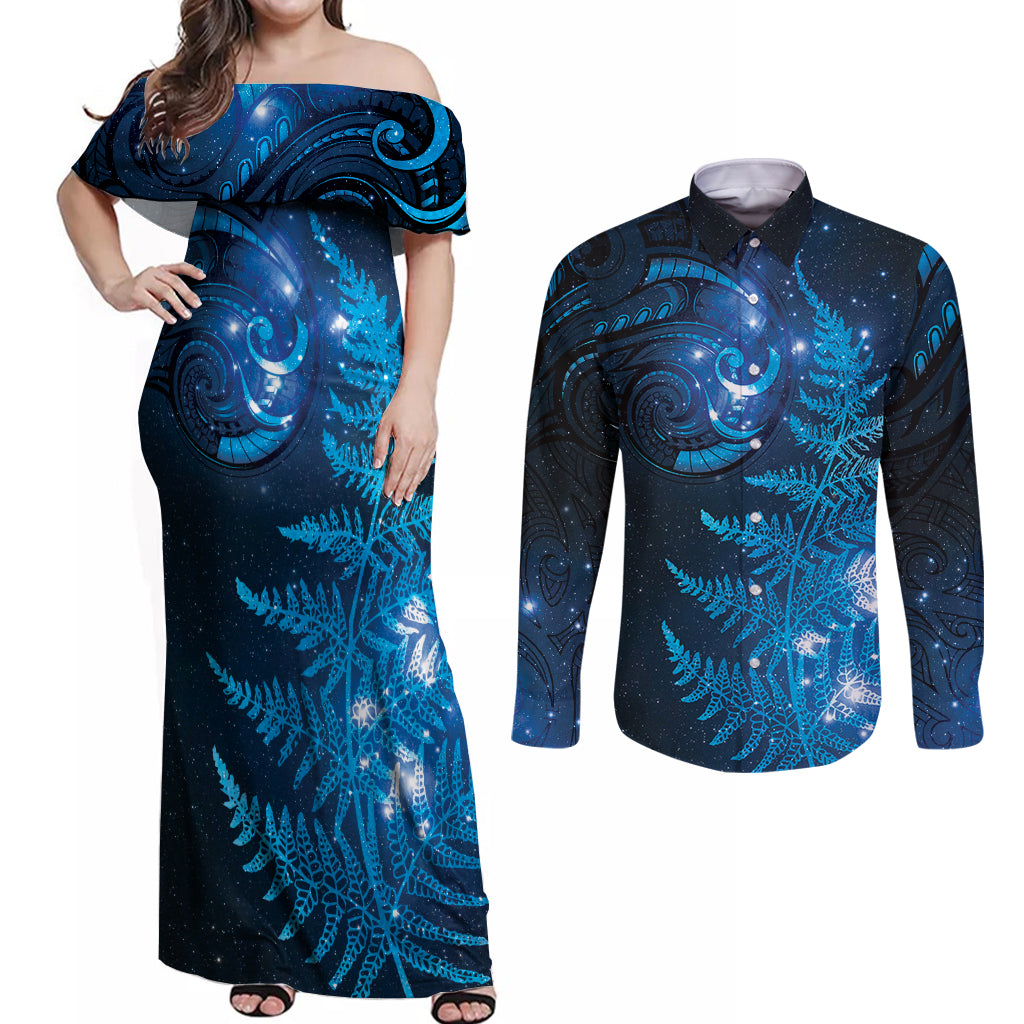 New Zealand Matariki Couples Matching Off Shoulder Maxi Dress and Long Sleeve Button Shirt Blue Milky Way Stars Night Sky LT9 Blue - Polynesian Pride