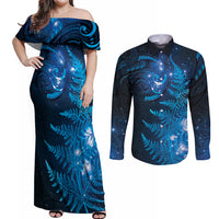 New Zealand Matariki Couples Matching Off Shoulder Maxi Dress and Long Sleeve Button Shirt Blue Milky Way Stars Night Sky LT9 Blue - Polynesian Pride