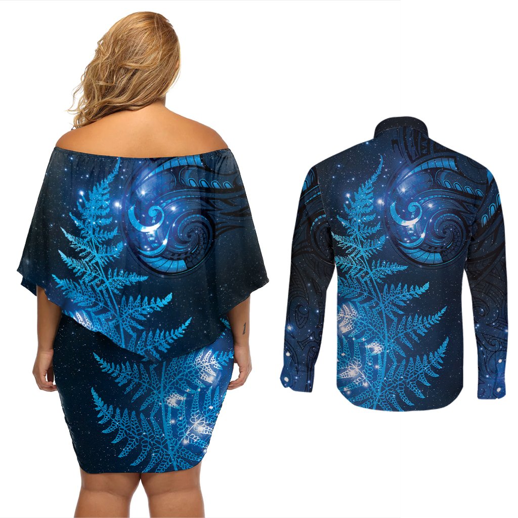 New Zealand Matariki Couples Matching Off Shoulder Short Dress and Long Sleeve Button Shirt Blue Milky Way Stars Night Sky LT9 - Polynesian Pride