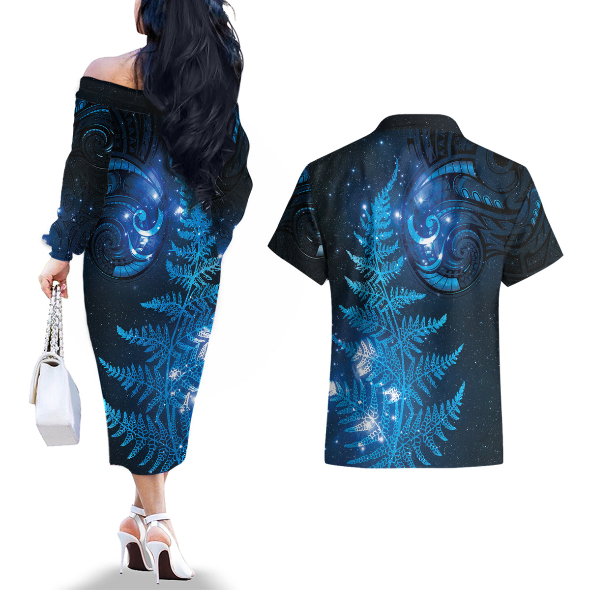 New Zealand Matariki Couples Matching Off The Shoulder Long Sleeve Dress and Hawaiian Shirt Blue Milky Way Stars Night Sky