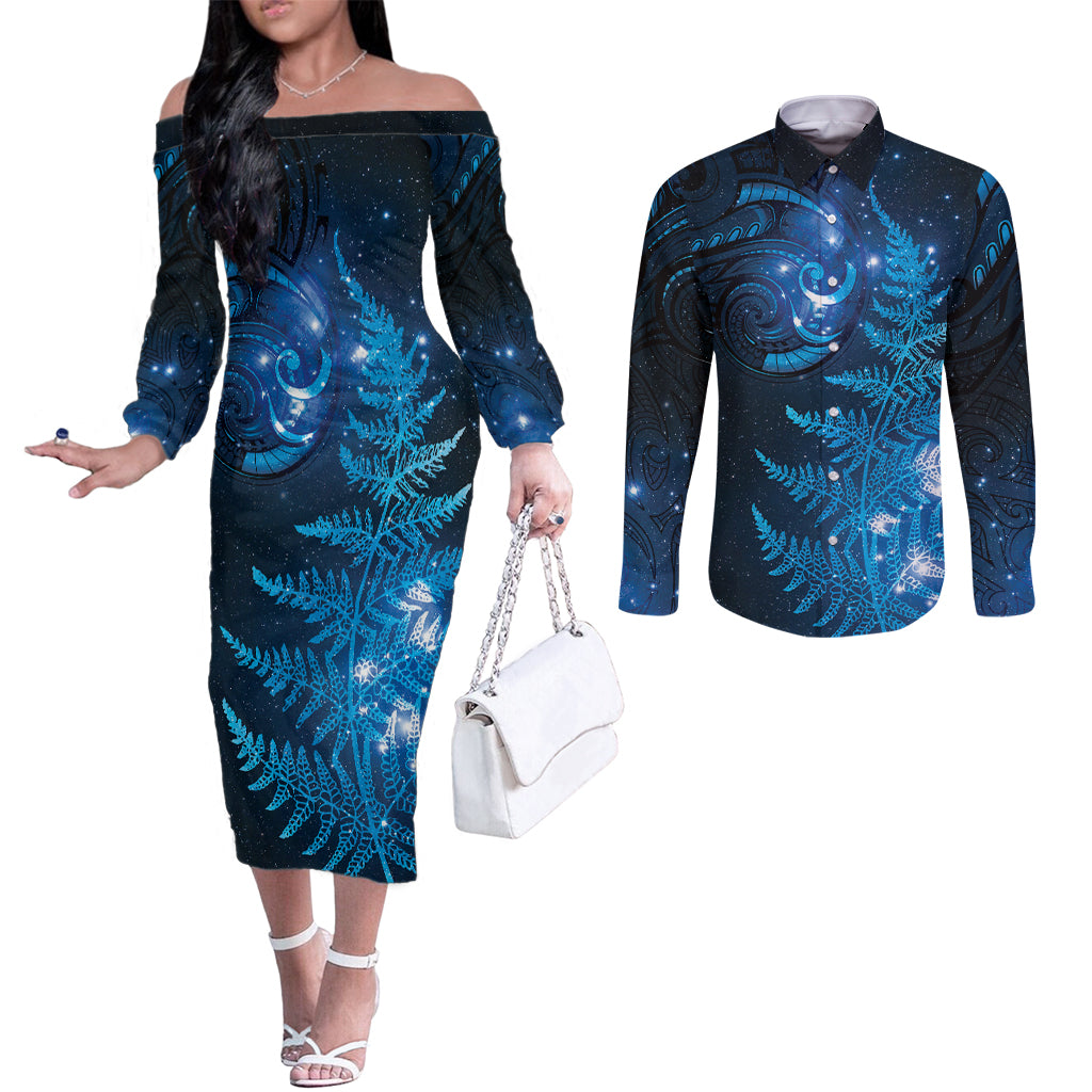 New Zealand Matariki Couples Matching Off The Shoulder Long Sleeve Dress and Long Sleeve Button Shirt Blue Milky Way Stars Night Sky LT9 Blue - Polynesian Pride