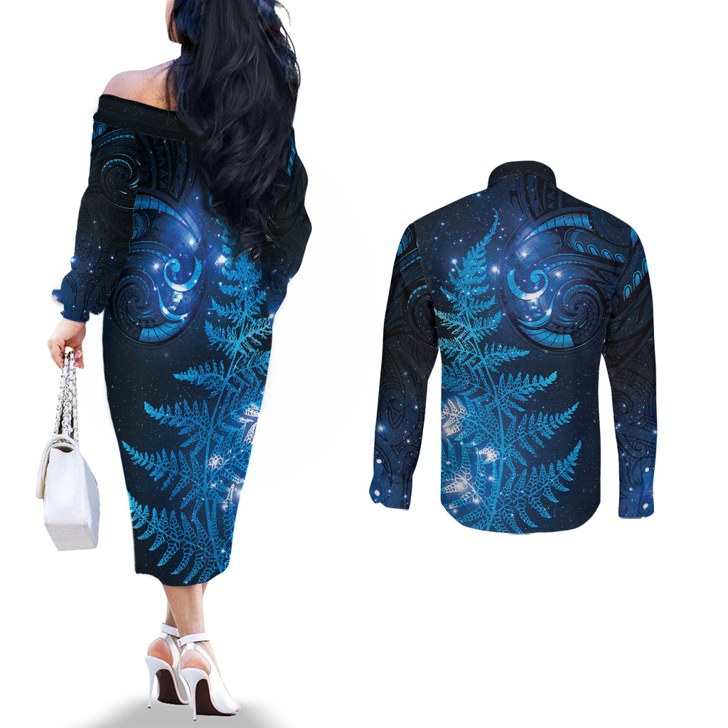 New Zealand Matariki Couples Matching Off The Shoulder Long Sleeve Dress and Long Sleeve Button Shirt Blue Milky Way Stars Night Sky LT9 - Polynesian Pride