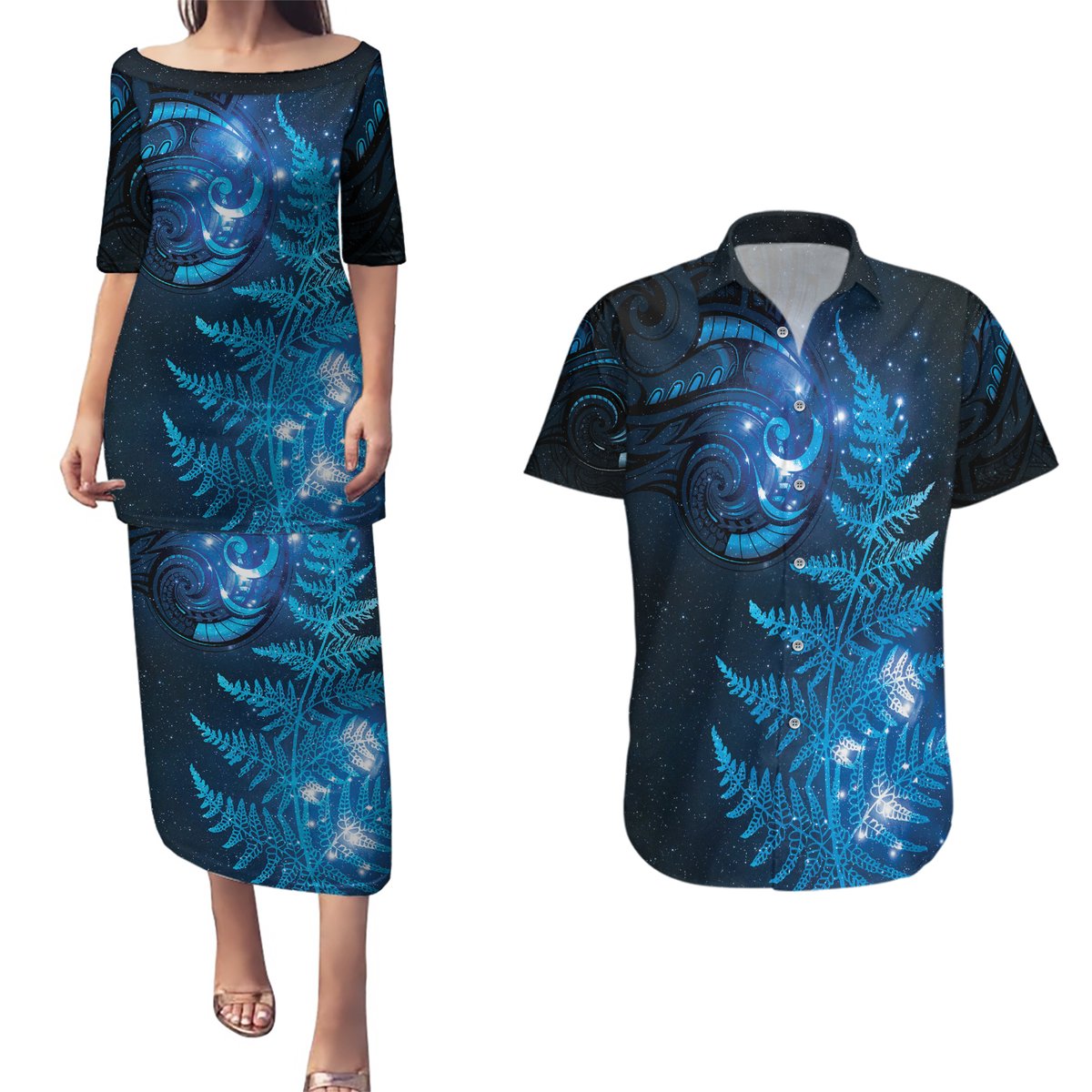 New Zealand Matariki Couples Matching Puletasi and Hawaiian Shirt Blue Milky Way Stars Night Sky LT9 Blue - Polynesian Pride