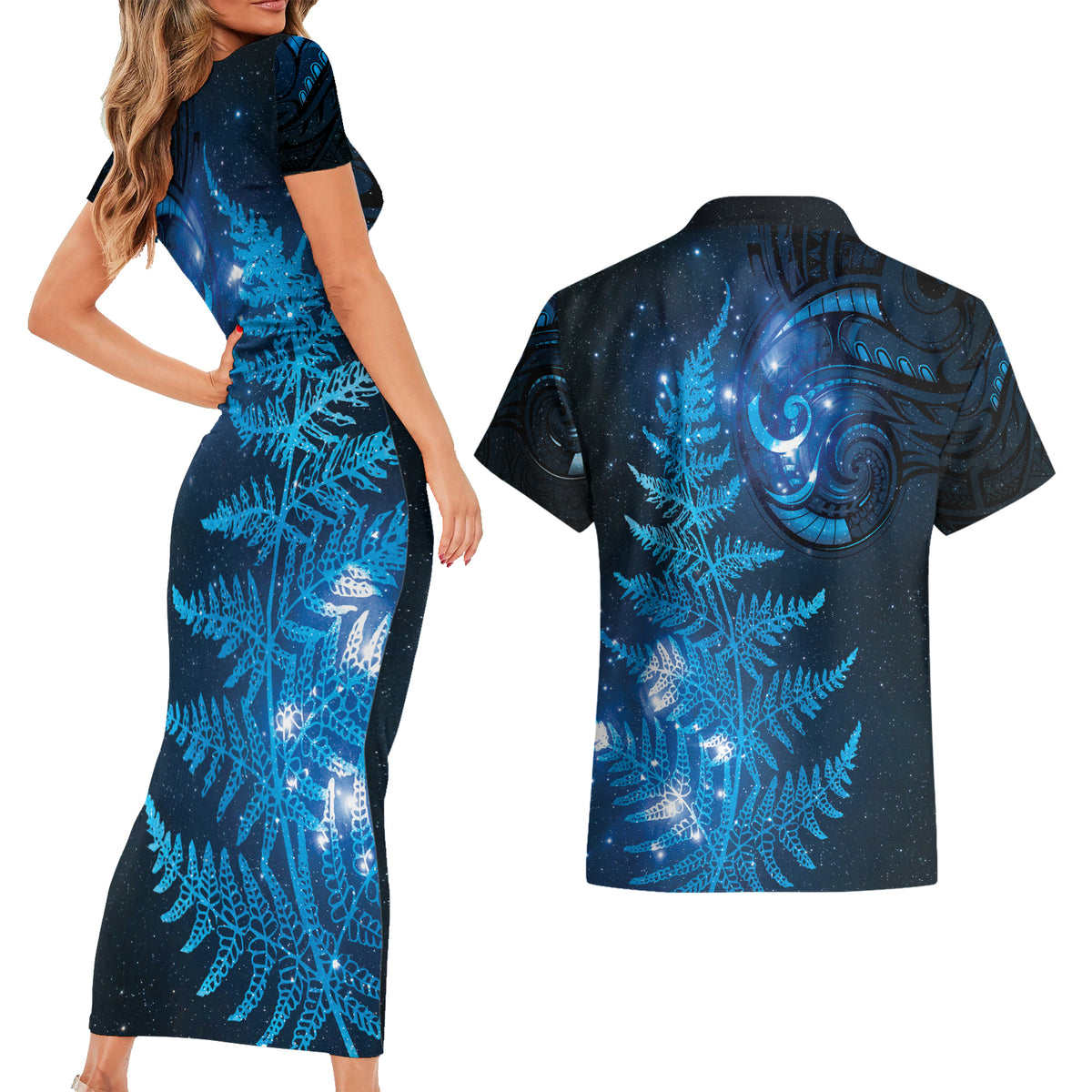 New Zealand Matariki Couples Matching Short Sleeve Bodycon Dress and Hawaiian Shirt Blue Milky Way Stars Night Sky LT9 - Polynesian Pride