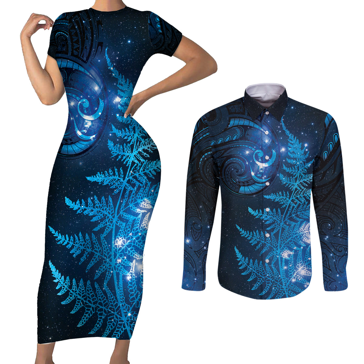 New Zealand Matariki Couples Matching Short Sleeve Bodycon Dress and Long Sleeve Button Shirt Blue Milky Way Stars Night Sky LT9 Blue - Polynesian Pride