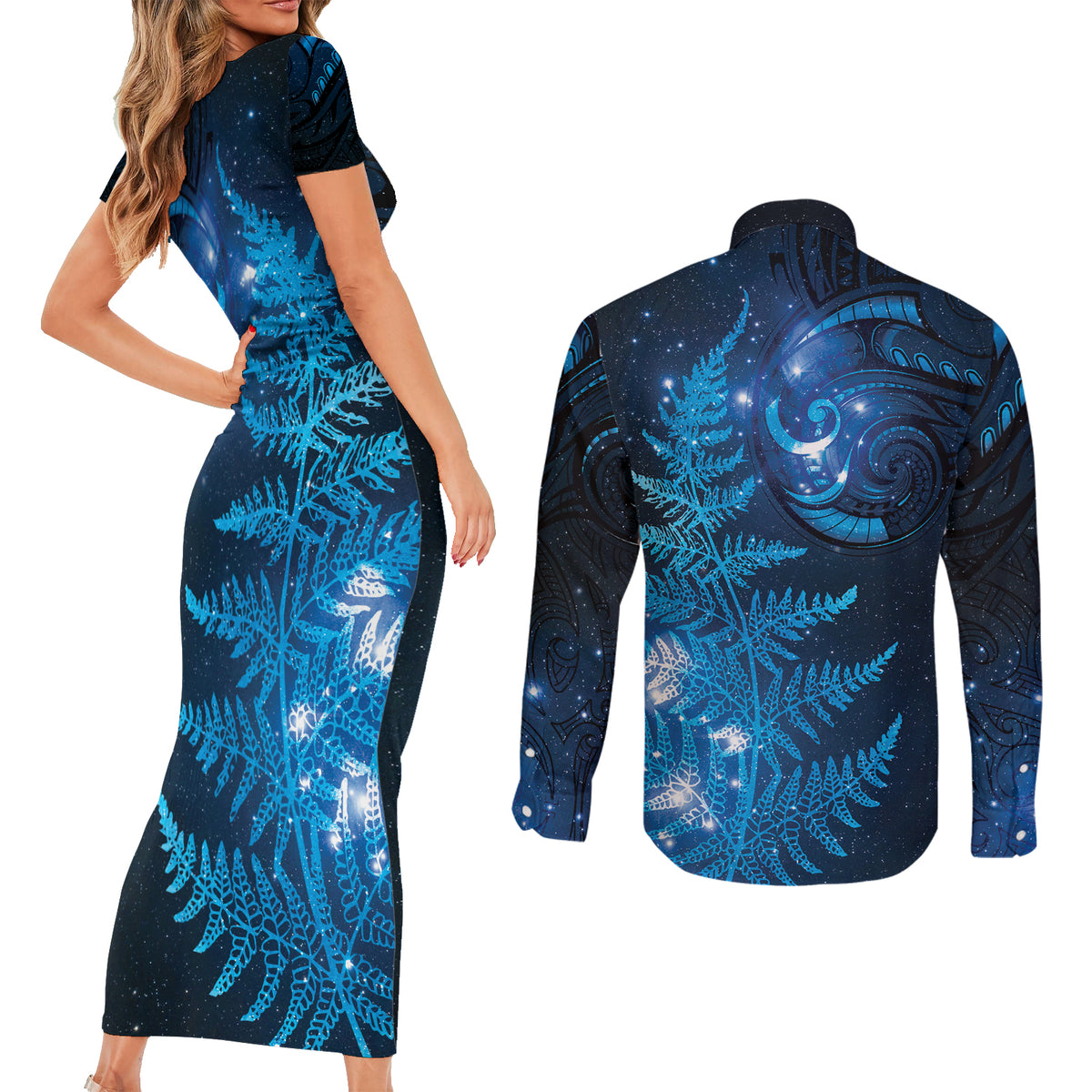 New Zealand Matariki Couples Matching Short Sleeve Bodycon Dress and Long Sleeve Button Shirt Blue Milky Way Stars Night Sky LT9 - Polynesian Pride