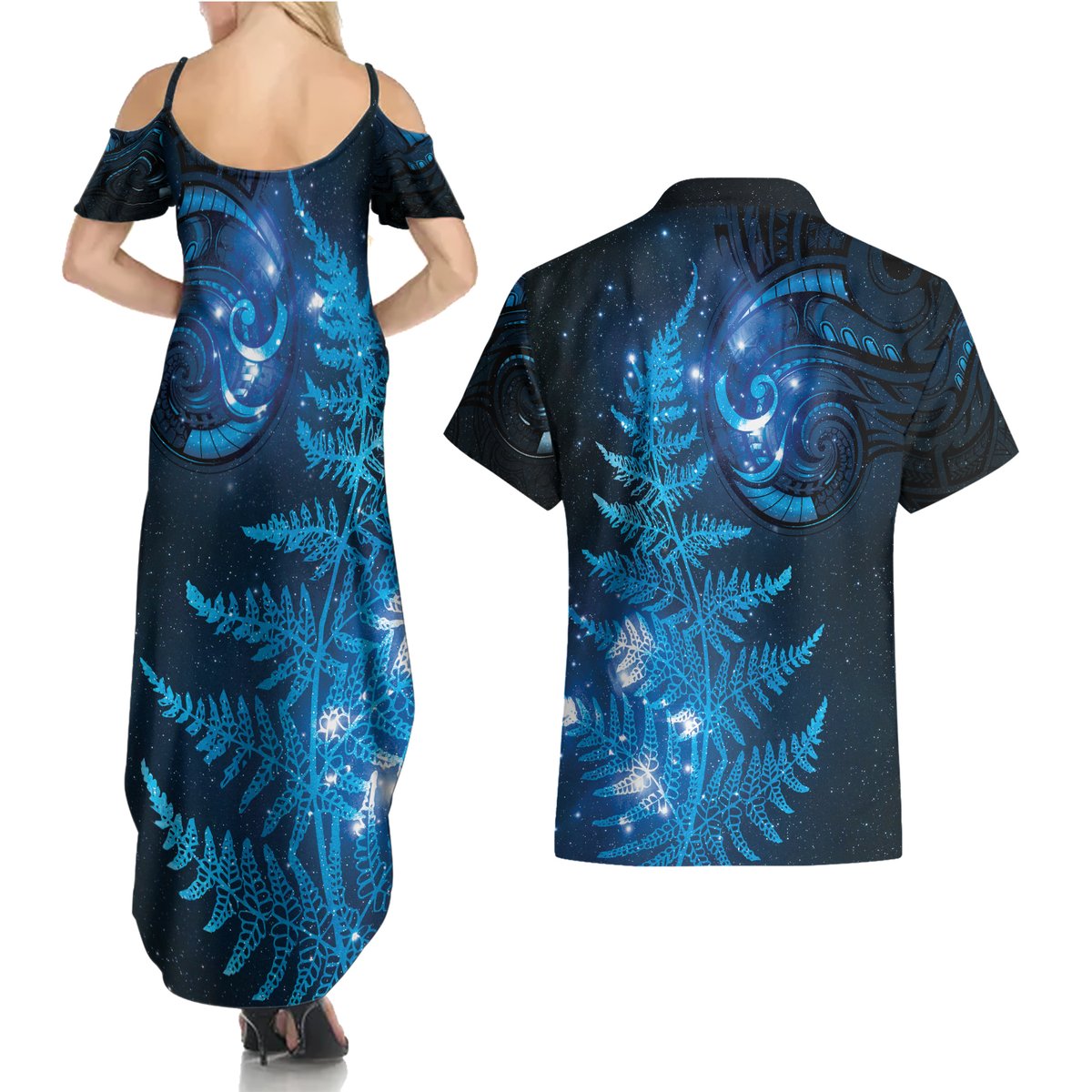 New Zealand Matariki Couples Matching Summer Maxi Dress and Hawaiian Shirt Blue Milky Way Stars Night Sky LT9 - Polynesian Pride