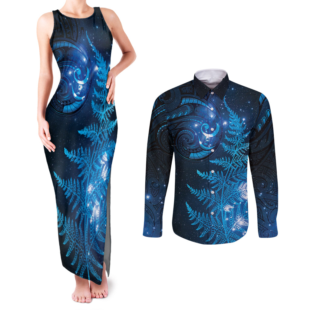 New Zealand Matariki Couples Matching Tank Maxi Dress and Long Sleeve Button Shirt Blue Milky Way Stars Night Sky LT9 Blue - Polynesian Pride