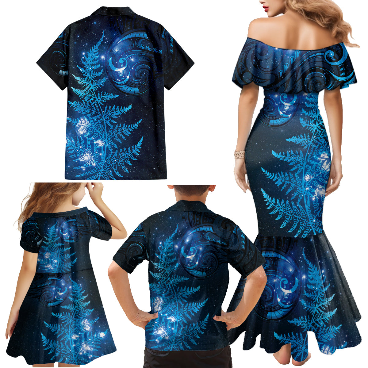 New Zealand Matariki Family Matching Mermaid Dress and Hawaiian Shirt Blue Milky Way Stars Night Sky LT9 - Polynesian Pride