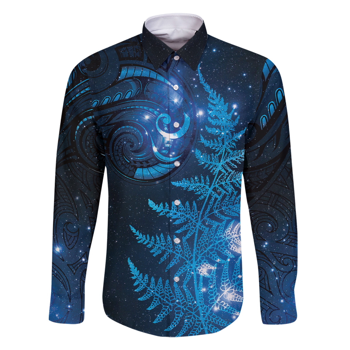 New Zealand Matariki Family Matching Mermaid Dress and Hawaiian Shirt Blue Milky Way Stars Night Sky LT9 Dad's Shirt - Long Sleeve Blue - Polynesian Pride