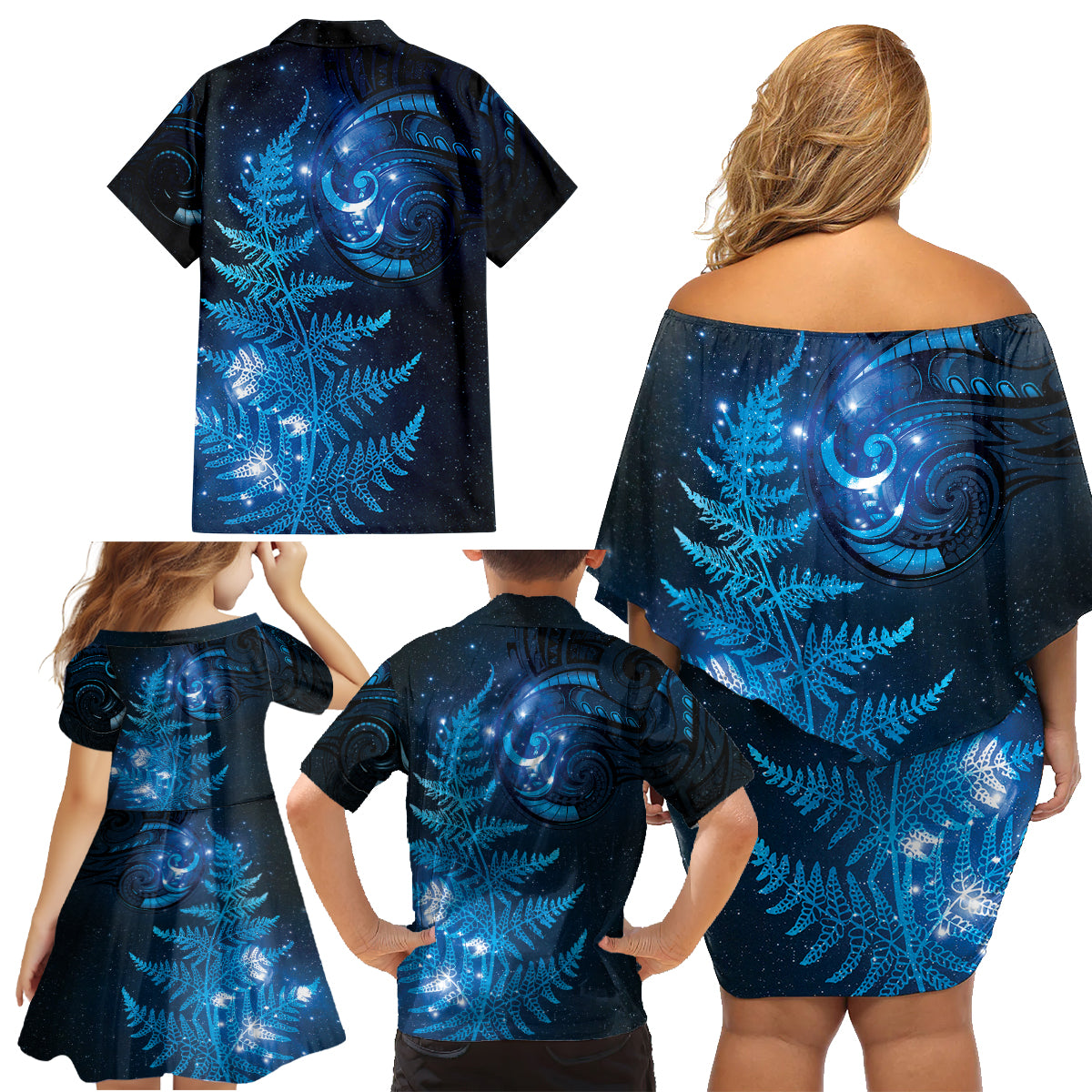 New Zealand Matariki Family Matching Off Shoulder Short Dress and Hawaiian Shirt Blue Milky Way Stars Night Sky