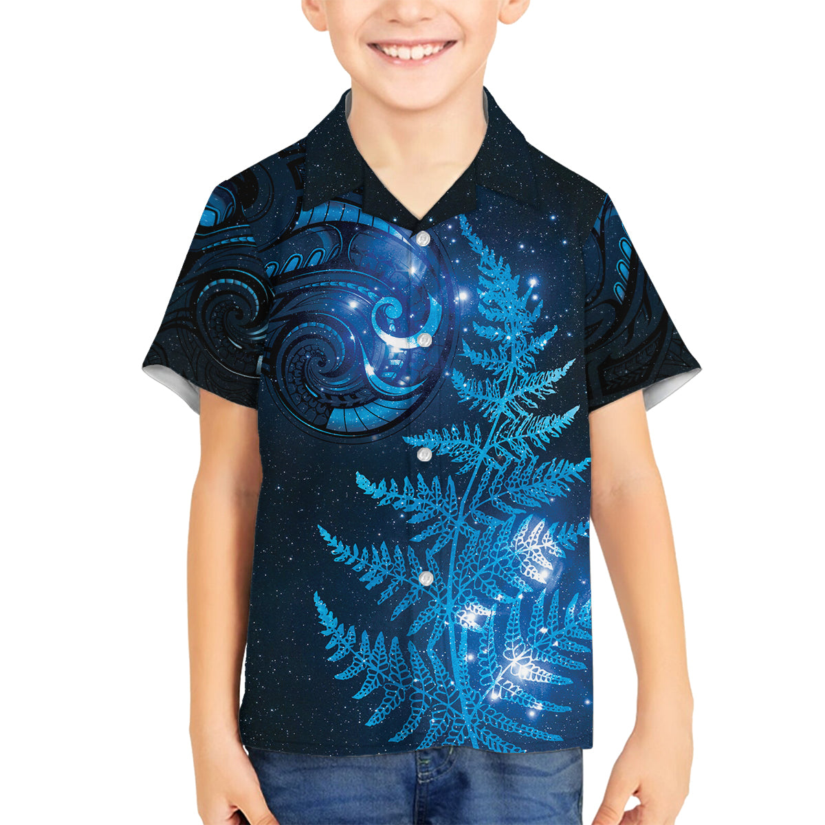 New Zealand Matariki Family Matching Puletasi and Hawaiian Shirt Blue Milky Way Stars Night Sky LT9 Son's Shirt Blue - Polynesian Pride