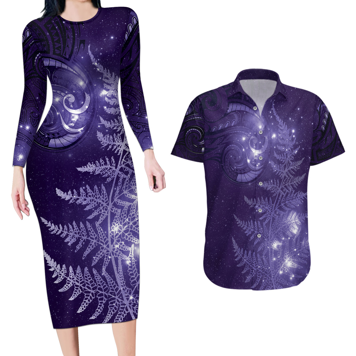 New Zealand Matariki Couples Matching Long Sleeve Bodycon Dress and Hawaiian Shirt Purple Milky Way Stars Night Sky LT9 Purple - Polynesian Pride