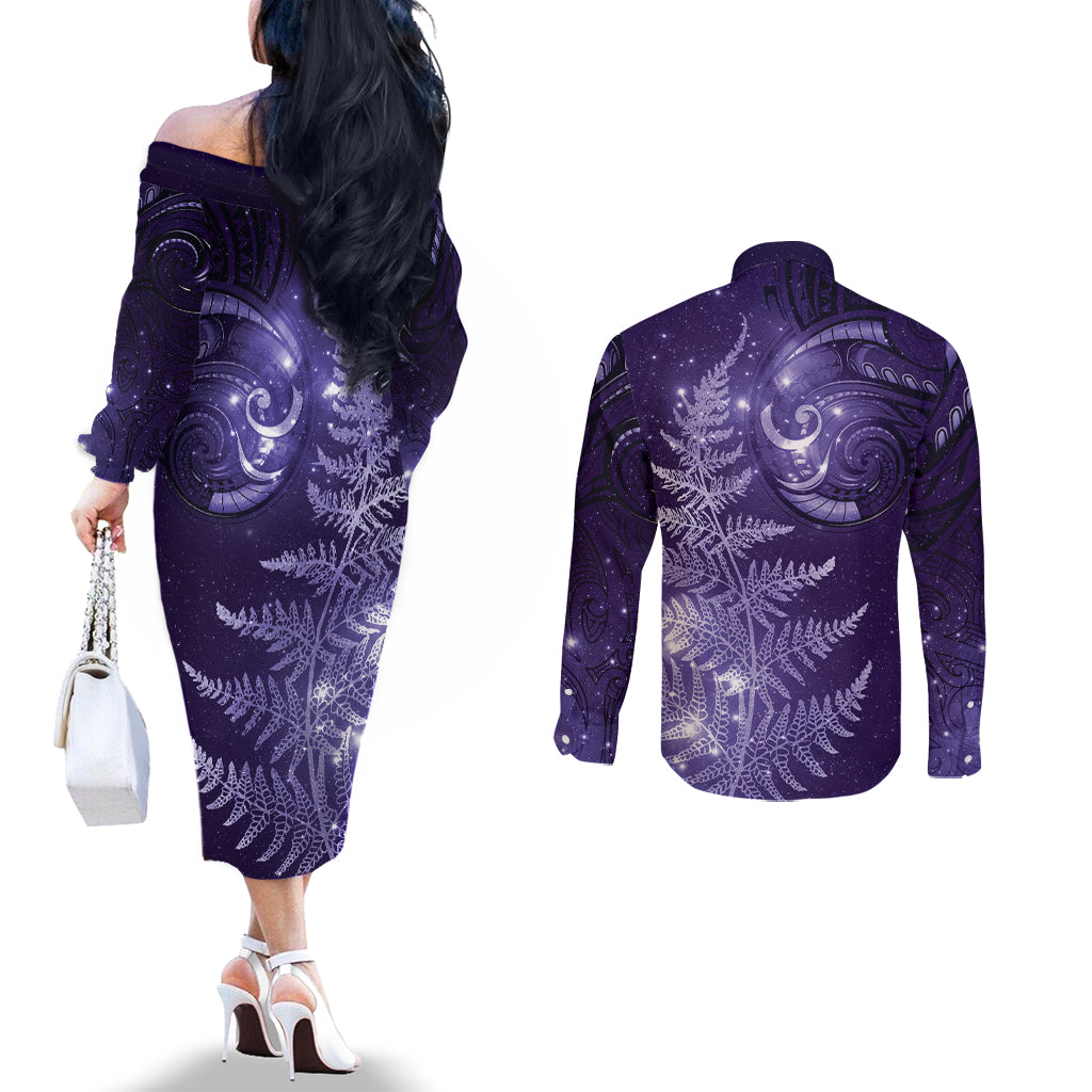 New Zealand Matariki Couples Matching Off The Shoulder Long Sleeve Dress and Long Sleeve Button Shirt Purple Milky Way Stars Night Sky LT9 - Polynesian Pride