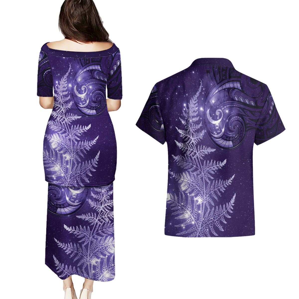 New Zealand Matariki Couples Matching Puletasi and Hawaiian Shirt Purple Milky Way Stars Night Sky LT9 - Polynesian Pride