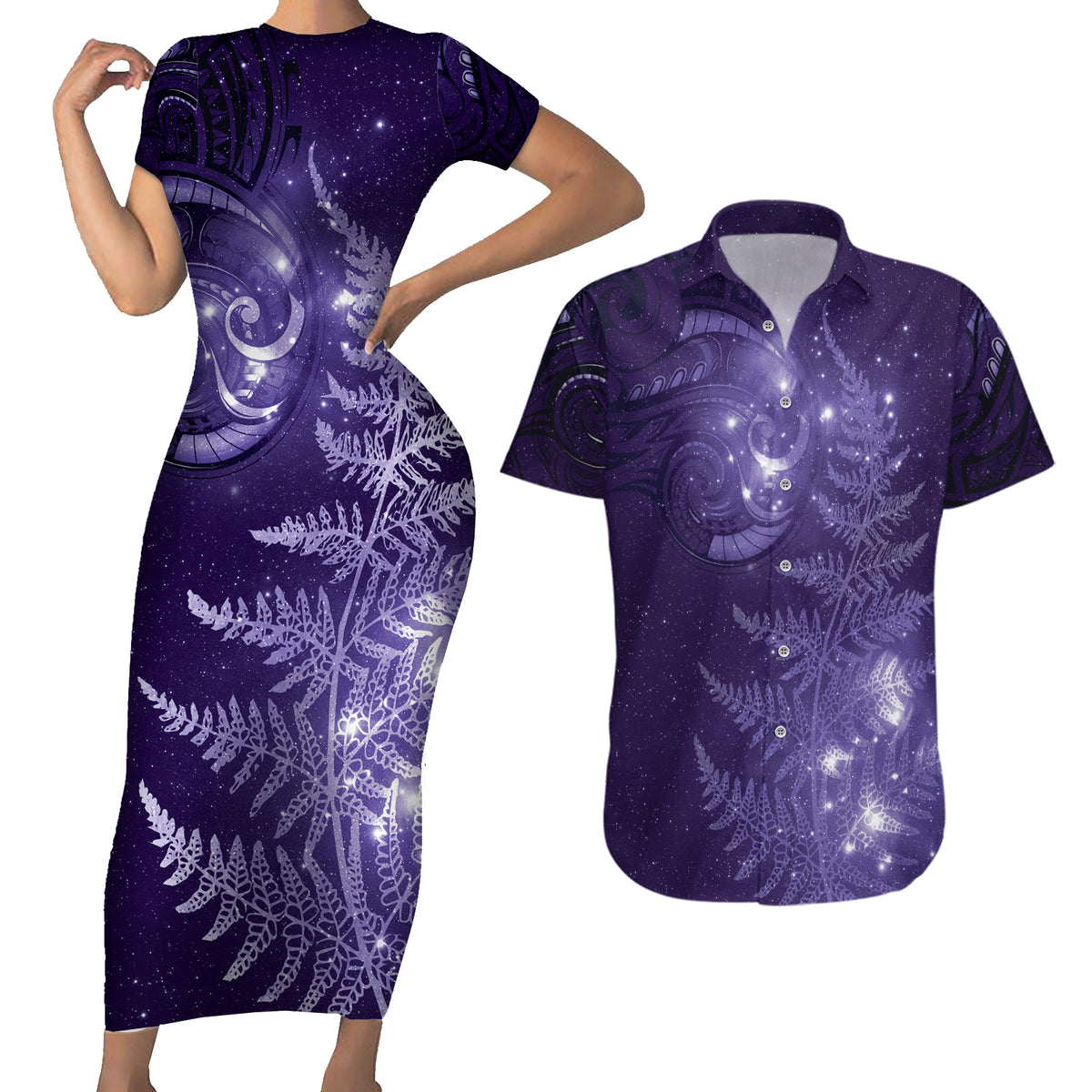 New Zealand Matariki Couples Matching Short Sleeve Bodycon Dress and Hawaiian Shirt Purple Milky Way Stars Night Sky LT9 Purple - Polynesian Pride
