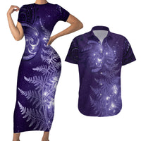 New Zealand Matariki Couples Matching Short Sleeve Bodycon Dress and Hawaiian Shirt Purple Milky Way Stars Night Sky LT9 Purple - Polynesian Pride