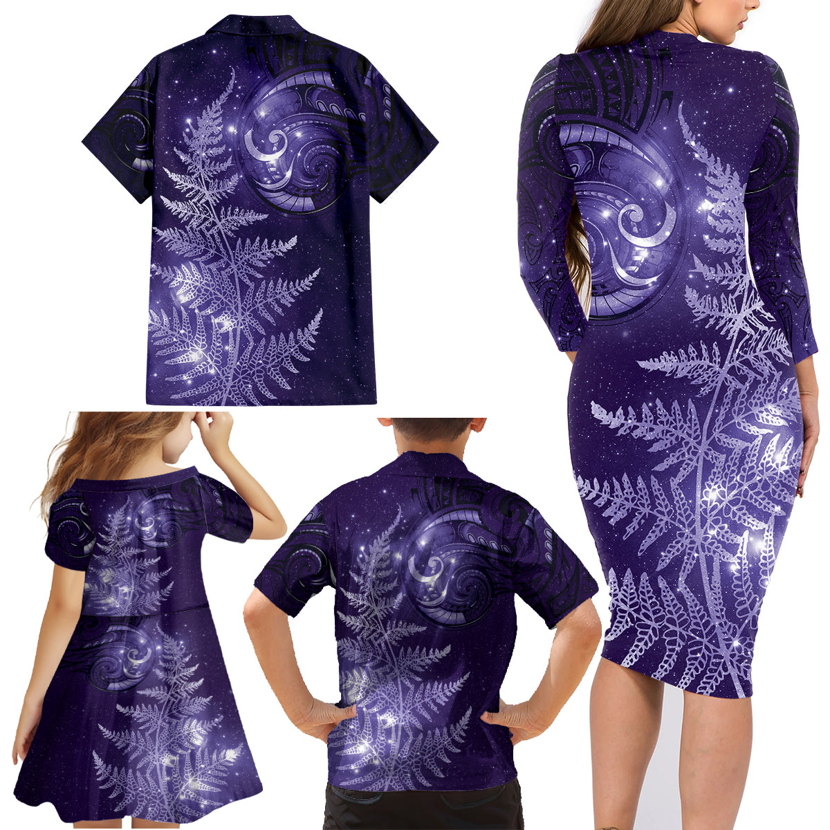 New Zealand Matariki Family Matching Long Sleeve Bodycon Dress and Hawaiian Shirt Purple Milky Way Stars Night Sky