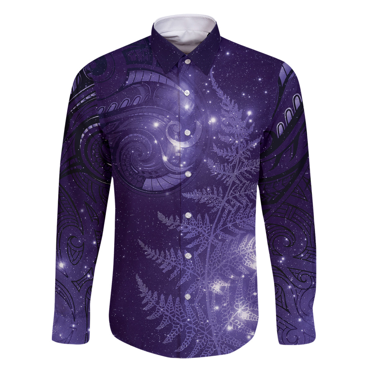 New Zealand Matariki Family Matching Off Shoulder Short Dress and Hawaiian Shirt Purple Milky Way Stars Night Sky LT9 Dad's Shirt - Long Sleeve Purple - Polynesian Pride