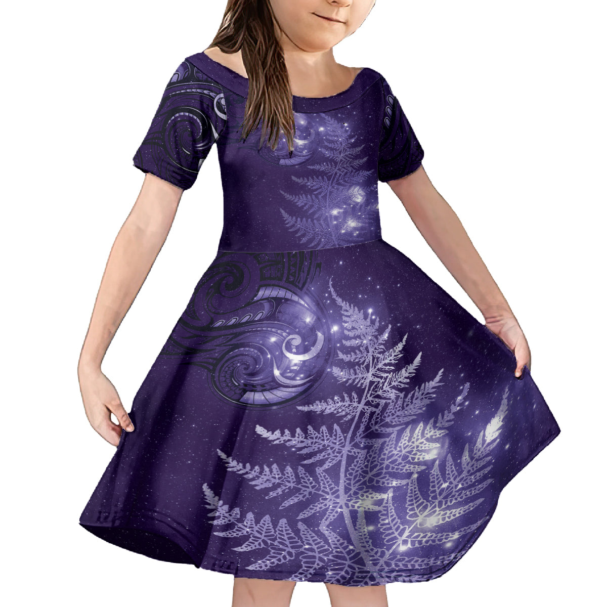 New Zealand Matariki Family Matching Puletasi and Hawaiian Shirt Purple Milky Way Stars Night Sky LT9 Daughter's Dress Purple - Polynesian Pride