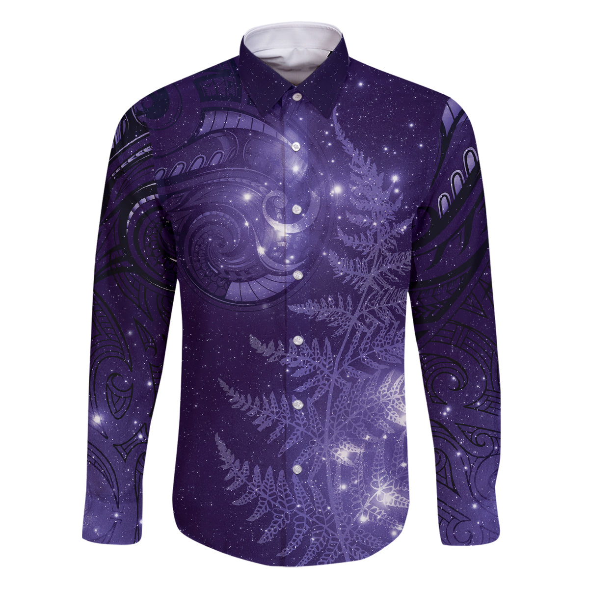 New Zealand Matariki Family Matching Puletasi and Hawaiian Shirt Purple Milky Way Stars Night Sky LT9 Dad's Shirt - Long Sleeve Purple - Polynesian Pride