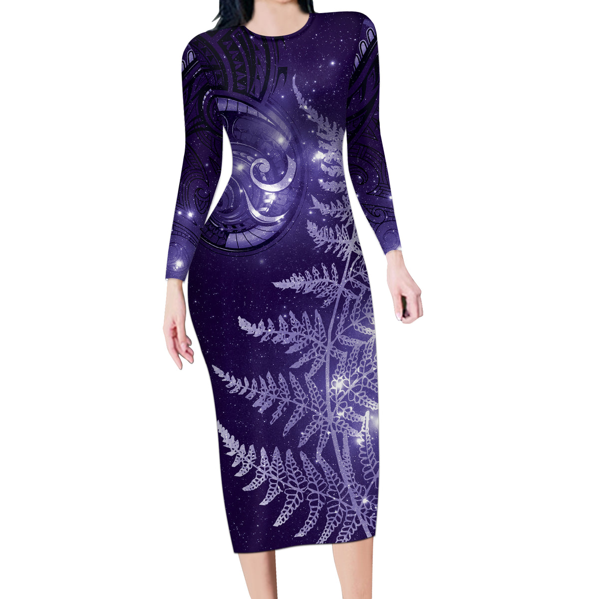 New Zealand Matariki Long Sleeve Bodycon Dress Purple Milky Way Stars Night Sky LT9 Long Dress Purple - Polynesian Pride