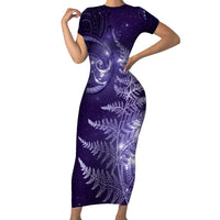 New Zealand Matariki Short Sleeve Bodycon Dress Purple Milky Way Stars Night Sky LT9 Long Dress Purple - Polynesian Pride