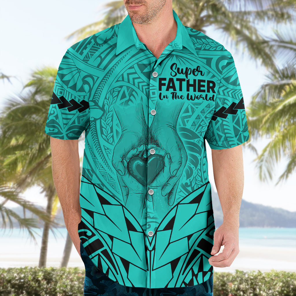 Personalised Polynesian Father's Day Gift For Dad Hawaiian Shirt Super Father In The World - Turquoise Polynesian Pattern LT9 - Polynesian Pride