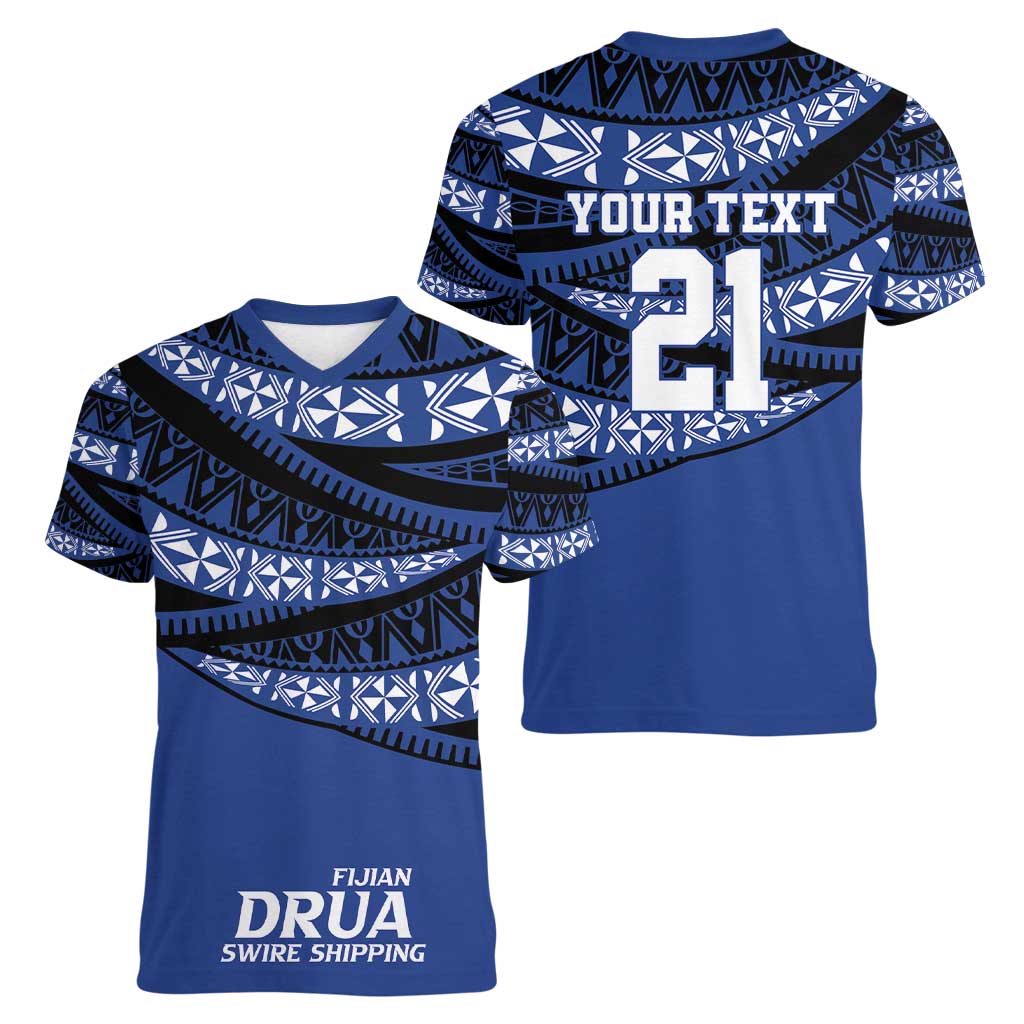 Fiji Rugby Pacific Custom Women V-Neck T-Shirt Pasifika Tapa Pattern