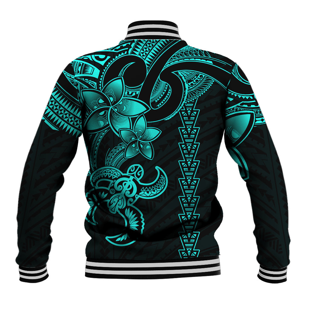 Hawaiian Tribal Baseball Jacket Polynesian Kakau Turtle - Aqua LT9 - Polynesian Pride