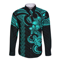 Hawaiian Tribal Long Sleeve Button Shirt Polynesian Kakau Turtle - Aqua LT9 Unisex Aqua - Polynesian Pride