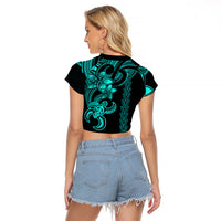 Hawaiian Tribal Raglan Cropped T Shirt Polynesian Kakau Turtle - Aqua LT9 - Polynesian Pride