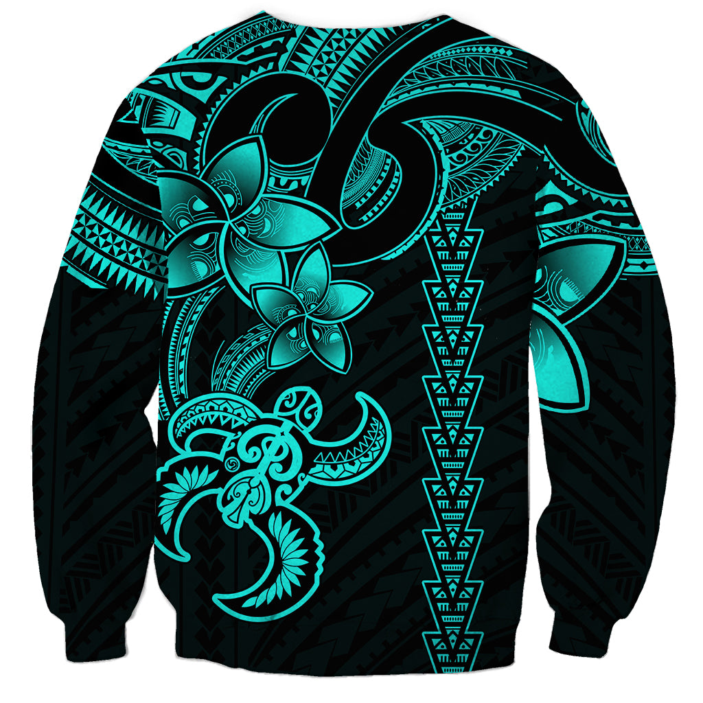 Hawaiian Tribal Sweatshirt Polynesian Kakau Turtle - Aqua LT9 - Polynesian Pride