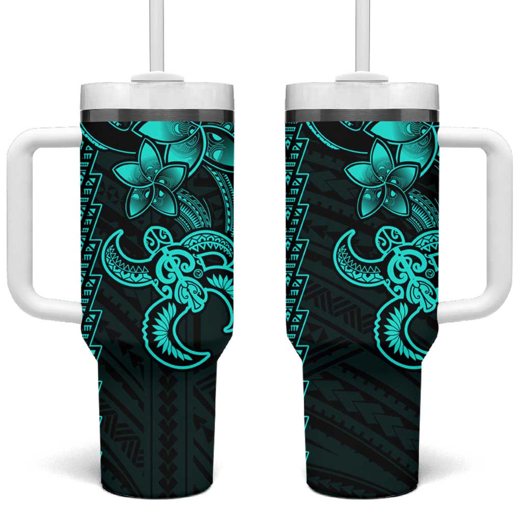 Aqua Hawaiian Kakau Turtle Tumbler With Handle Polynesian Tribal