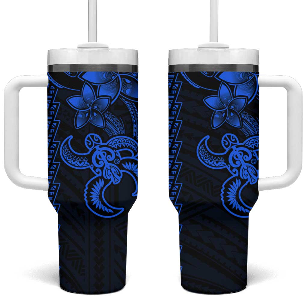 Blue Hawaiian Kakau Turtle Tumbler With Handle Polynesian Tribal