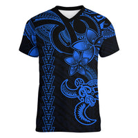 Hawaiian Tribal Women V Neck T Shirt Polynesian Kakau Turtle - Blue LT9 Female Blue - Polynesian Pride