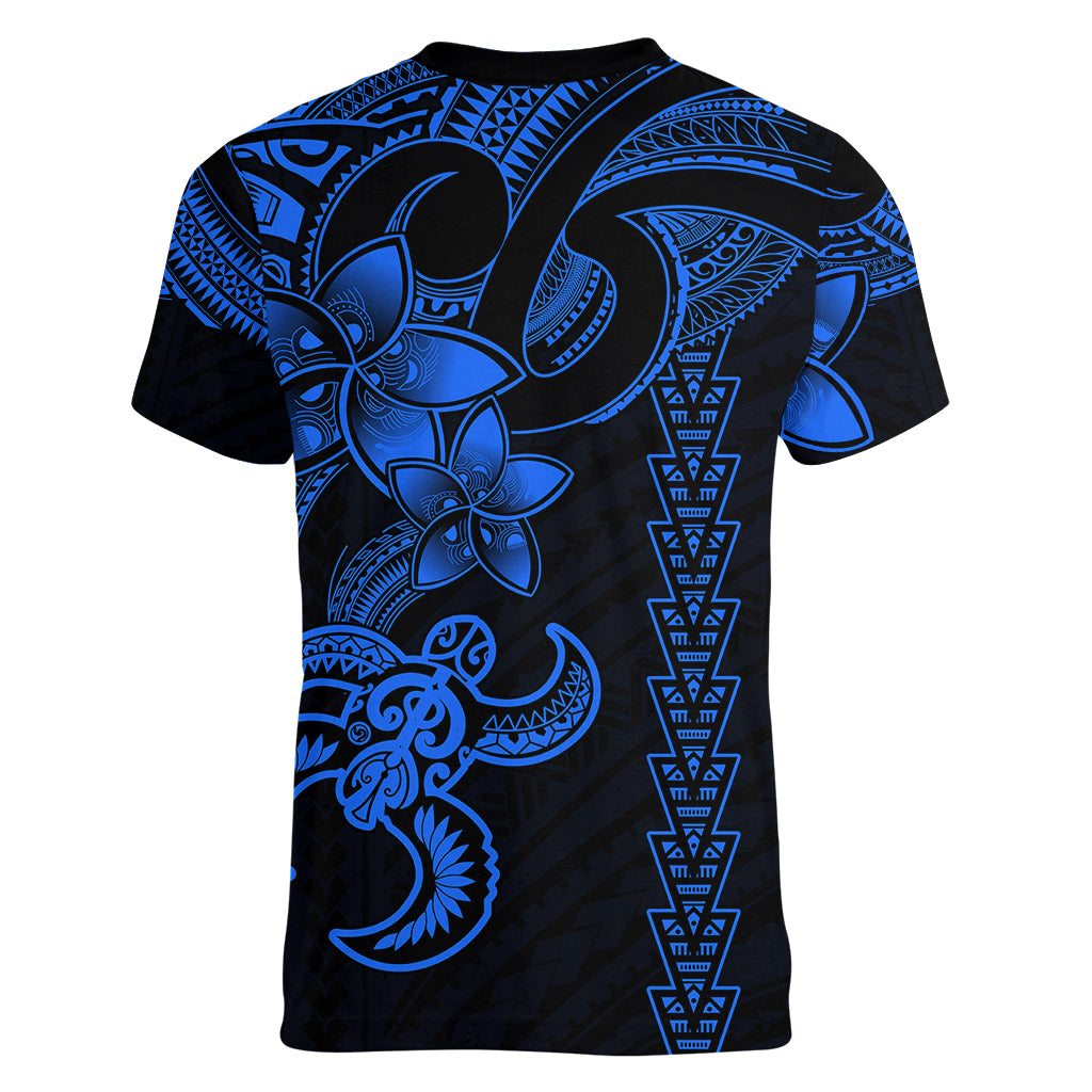 Hawaiian Tribal Women V Neck T Shirt Polynesian Kakau Turtle - Blue LT9 - Polynesian Pride