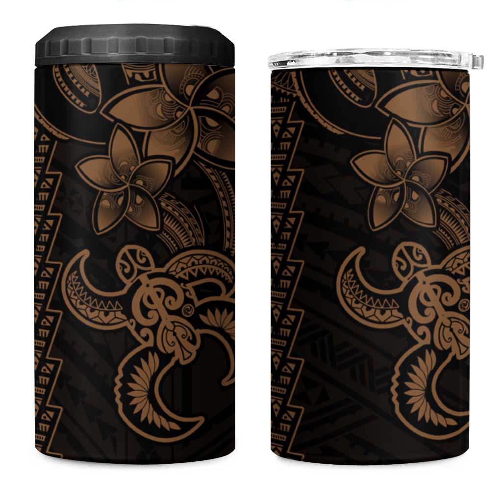 Gold Hawaiian Kakau Turtle 4 in 1 Can Cooler Tumbler Polynesian Tribal