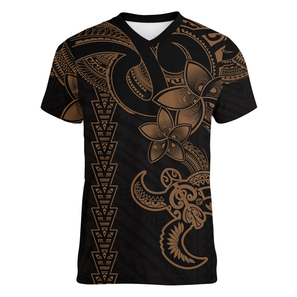Hawaiian Tribal Women V Neck T Shirt Polynesian Kakau Turtle - Gold LT9 Female Gold - Polynesian Pride