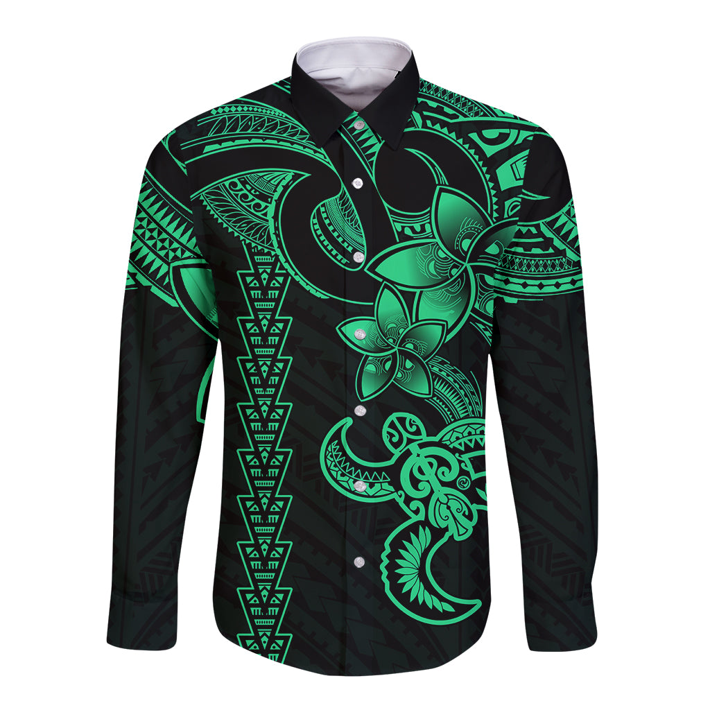 Hawaiian Tribal Long Sleeve Button Shirt Polynesian Kakau Turtle - Green LT9 Unisex Green - Polynesian Pride