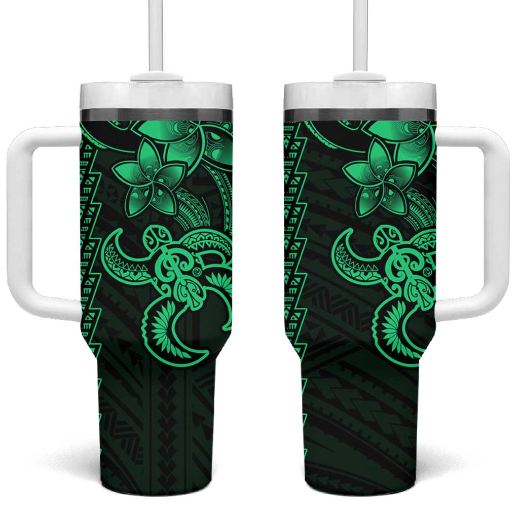 Green Hawaiian Kakau Turtle Tumbler With Handle Polynesian Tribal